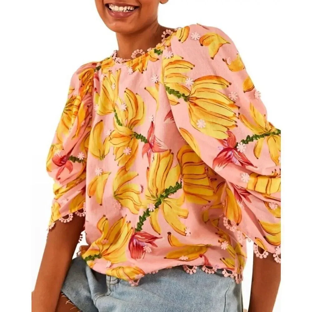 Anthropologie Farm Rio Banana Taste Applique Puff Sleeve Blouse Pink XS NEW